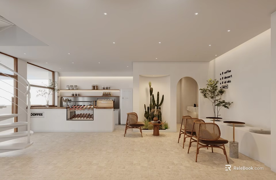 Cozy Modern Café Interior With Wicker Seating Cactus Plants And Display Shelves 3d model 