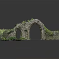 Ancient Stone Arch Ruins Covered With Moss And Green Plants On Display Stand With Reflection
