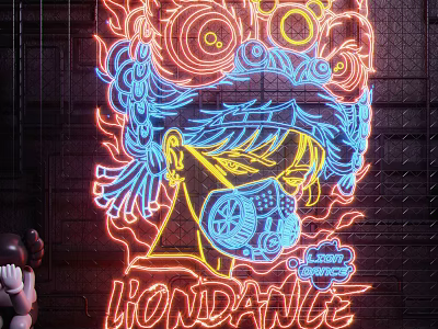 Neon Decorative Light Featuring Masked Character With Blue Red Hair And WONDANCE Lettering 3d model