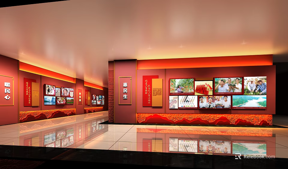 Elevator Hallway With Red Decor Wall Photos Plaques And Display Elements 3d model 
