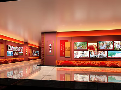 Elevator Hallway With Red Decor Wall Photos Plaques And Display Elements 3d model