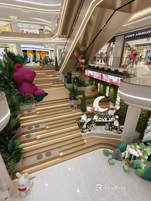 Stylish Modern Shopping Mall Hall With Cute Plush Dolls Lush Greenery And Warm Ambient Lights 3d model 