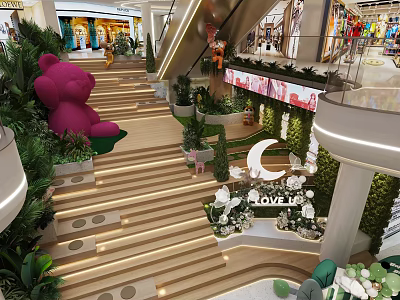 Stylish Modern Shopping Mall Hall With Cute Plush Dolls Lush Greenery And Warm Ambient Lights 3d model