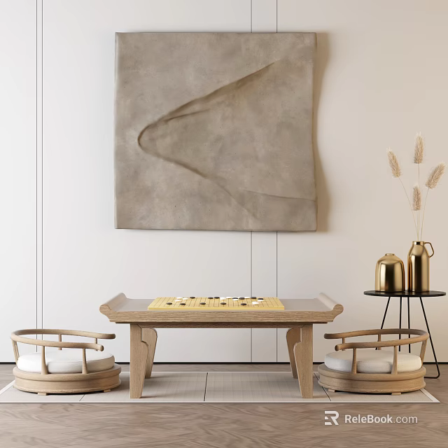 Minimalist Entertainment Table Setup With Two Chairs And Wall Art Decor 3d model 