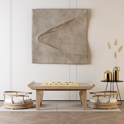 Minimalist Entertainment Table Setup With Two Chairs And Wall Art Decor 3d model
