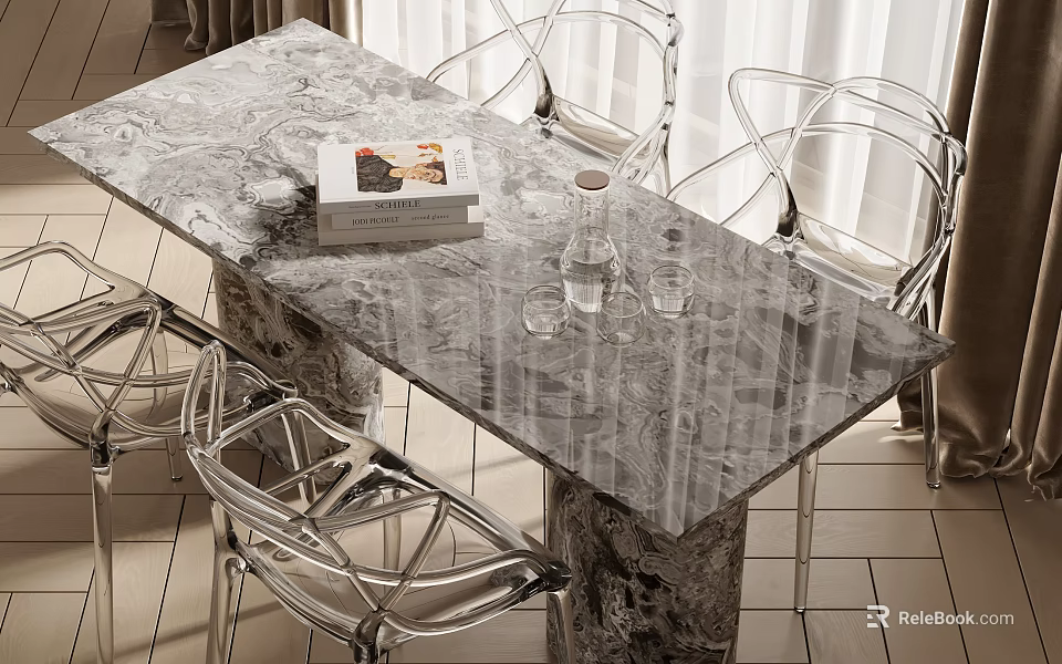 Modern Dining Table Set With Marble Top Transparent Metal Chairs Books Water Jug And Glasses 3d model 