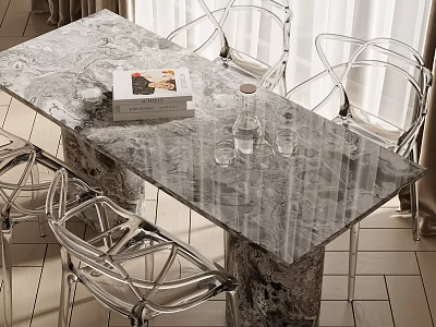 Modern Dining Table Set With Marble Top Transparent Metal Chairs Books Water Jug And Glasses 3d model