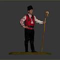 Traditional Folk Costume Figurine Wearing Black Hat Holding Wooden Cane Standing On Green Base