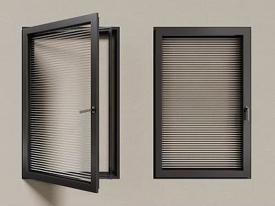 Modern Casement Windows With Black Frame Slatted Design In Open And Closed Positions 3d model