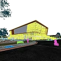 Modern Sports Center Building With Glass Facade And Red Roof