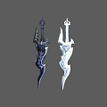 Two Ornate Fantasy Swords With Black And White Decorative Blade Designs