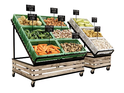 Vegetable Display Shelves with Green Crates Wooden Base Mobile Wheels Fresh Produce Price Tags 3d model