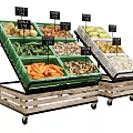 Vegetable Display Shelves with Green Crates Wooden Base Mobile Wheels Fresh Produce Price Tags