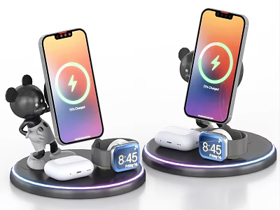 Modern Dual Smartphone Charging Stands With Wireless Charging Earbuds And Time 3d model