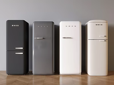 Four Black Gray White Cream Vintage Style Refrigerators Displayed Side by Side 3d model