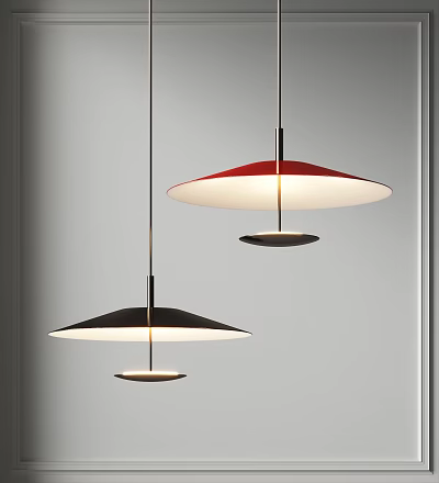 Modern Pendant Lights With Disc Shaped Red And Black Shades Hanging On Metallic Rods 3d model