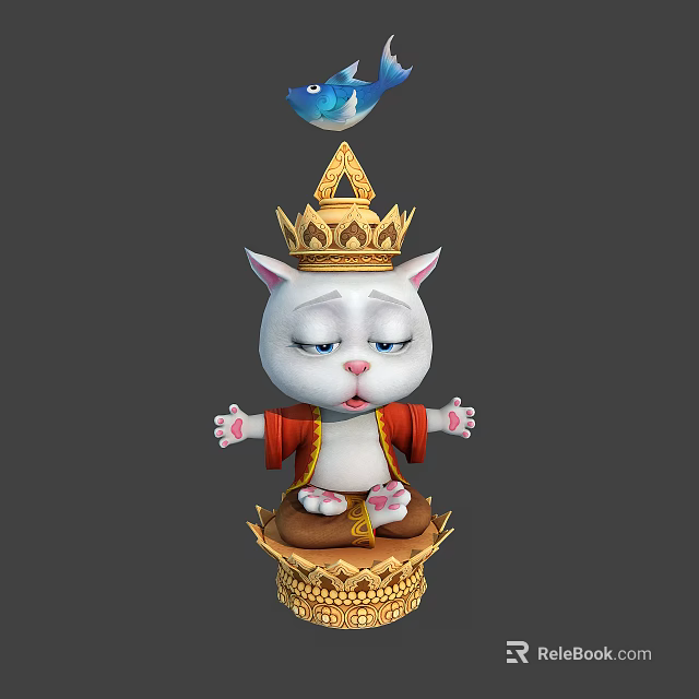 White Cat In Golden Crown And Red Outfit Sitting On Golden Pedestal With Blue Sphere 3d model 