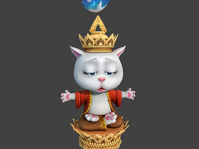 White Cat In Golden Crown And Red Outfit Sitting On Golden Pedestal With Blue Sphere 3d model