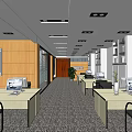 Spacious Public Office Space Interior With Wooden Walls Desks Computers And Recessed Lighting