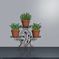 Potted Bonsai Plants On Black Iron Art Flower Stand With Terracotta Pots And Green Foliage