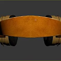 Gold and Black Over Ear Computer Headphones with Orange Headband and Reflection on Gray Background