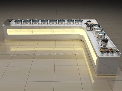 Modern Buffet Table With Marble Top Built in Lighting Multiple Food Containers Utensils And Dishes 3d model