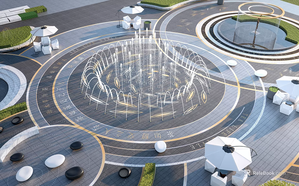 Circular Outdoor Fountain Square With White Umbrellas Seating And Paving 3d model 