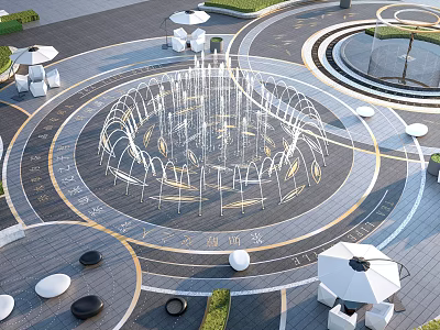 Circular Outdoor Fountain Square With White Umbrellas Seating And Paving 3d model
