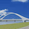 Modern White Arch Bridge Over Water Surface With Blue Sky And Grass 3d model