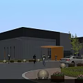 Modern Industrial Factory Building With Metal Exterior Gray Roof Entrance Parking Area And Trees