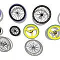 Colorful Bicycle Tires Purple Black Yellow Silver Arranged on Light Blue Background