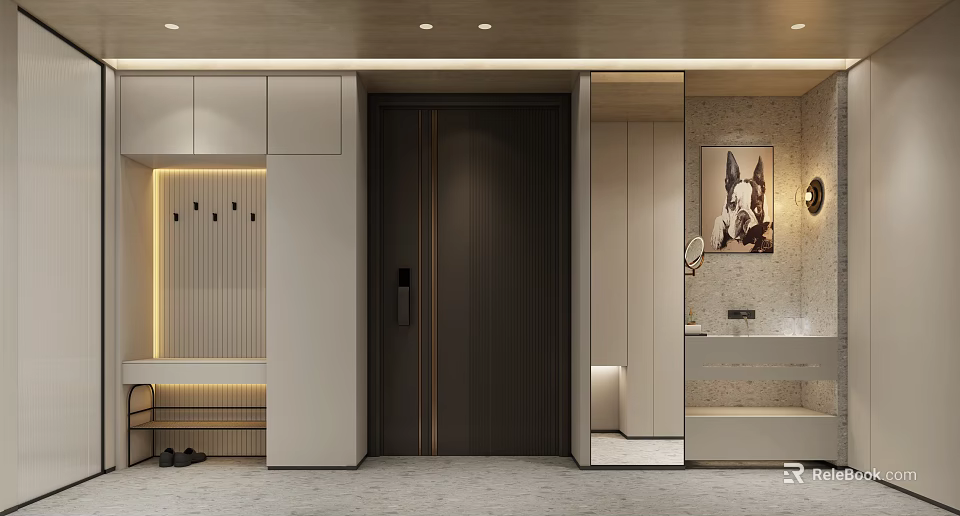 Modern Foyer Hallway With Storage Cabinets Mirror Decorative Painting And Lighting 3d model 