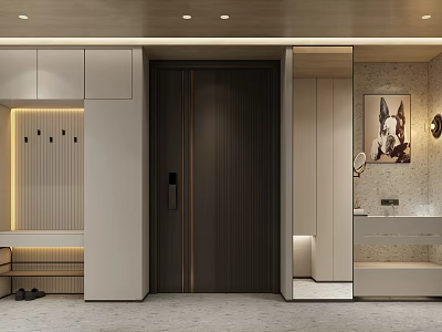 Modern Foyer Hallway With Storage Cabinets Mirror Decorative Painting And Lighting 3d model