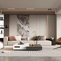 Modern Living Room Interior Design With Beige Sofa Brown Cushions And Marble Wall Art