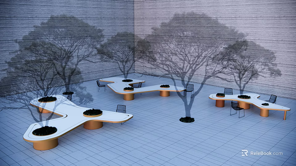 Modern Design Landscape Seats With Circular Planters Trees And Tile Floor 3d model