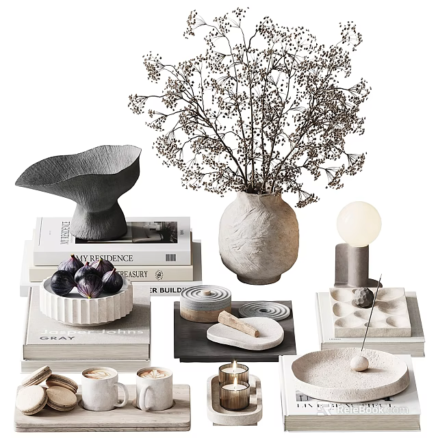 Modern Minimalist Decorative Ornament Set With Ceramic Vase Dried Flowers Books And Candles 3d model 