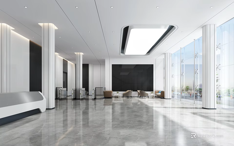 Modern Lobby Front Desk Reception With Marble Floor Sofa Seats And Floor To Ceiling Windows 3d model 
