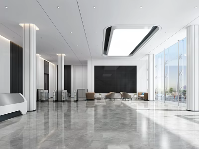 Modern Lobby Front Desk Reception With Marble Floor Sofa Seats And Floor To Ceiling Windows 3d model