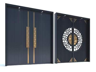 Traditional Chinese Dark Wooden Gate With Golden Vertical Strips Circular Cutout And Central Pattern 3d model