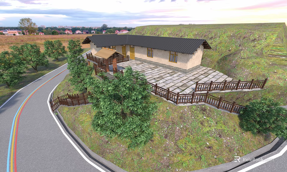 Rural Self-built House With Black Roof Stone Pavement And Curved Road Green Trees Wooden Fence 3d model 