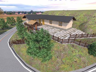 Rural Self-built House With Black Roof Stone Pavement And Curved Road Green Trees Wooden Fence 3d model