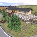 Rural Self-built House With Black Roof Stone Pavement And Curved Road Green Trees Wooden Fence