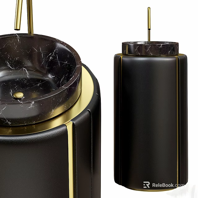 Modern Luxury Wash Basin With Black Base Gold Accents And Marble Countertop 3d model 