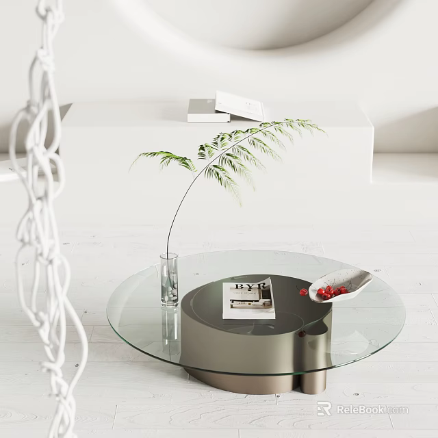 Modern Round Glass Coffee Table With Green Plant In Transparent Vase DWELL Magazine And White Dish 3d model 