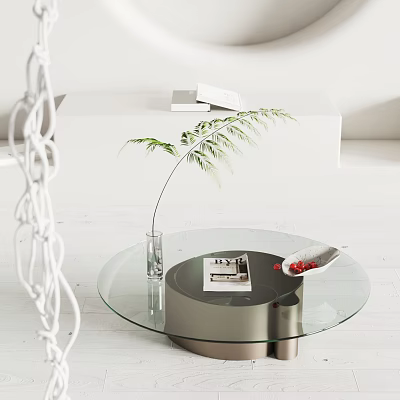 Modern Round Glass Coffee Table With Green Plant In Transparent Vase DWELL Magazine And White Dish 3d model