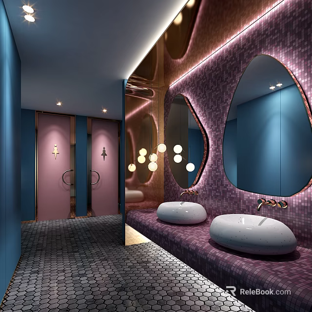 Elegant Modern Public Restroom With Blue Pink Stalls Mosaic Walls Oval Mirrors White Sinks 3d model 