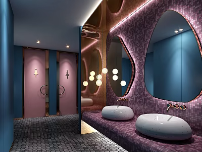 Elegant Modern Public Restroom With Blue Pink Stalls Mosaic Walls Oval Mirrors White Sinks 3d model
