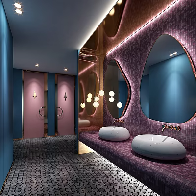 Elegant Modern Public Restroom With Blue Pink Stalls Mosaic Walls Oval Mirrors White Sinks 3d model