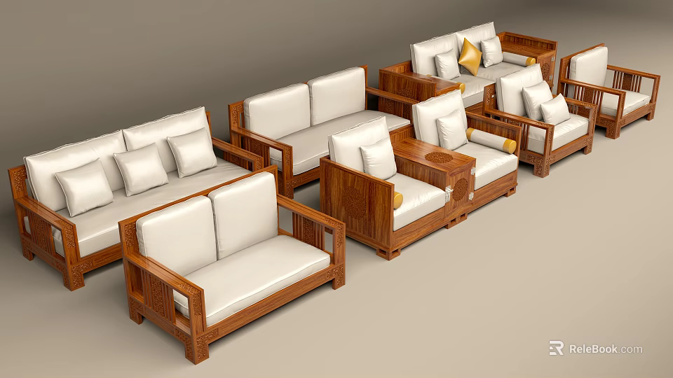 Modern Sofa Set With Wooden Frame White Cushions And Multiple Seating Options 3d model