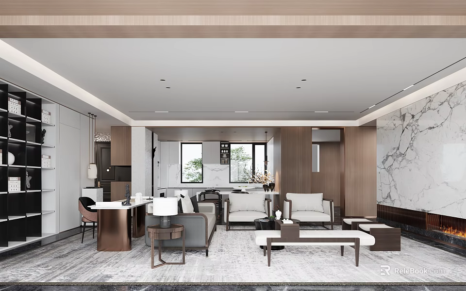 Modern Open Living and Dining Room Interior With Sofa Coffee Table Marble Wall And Lighting 3d model 